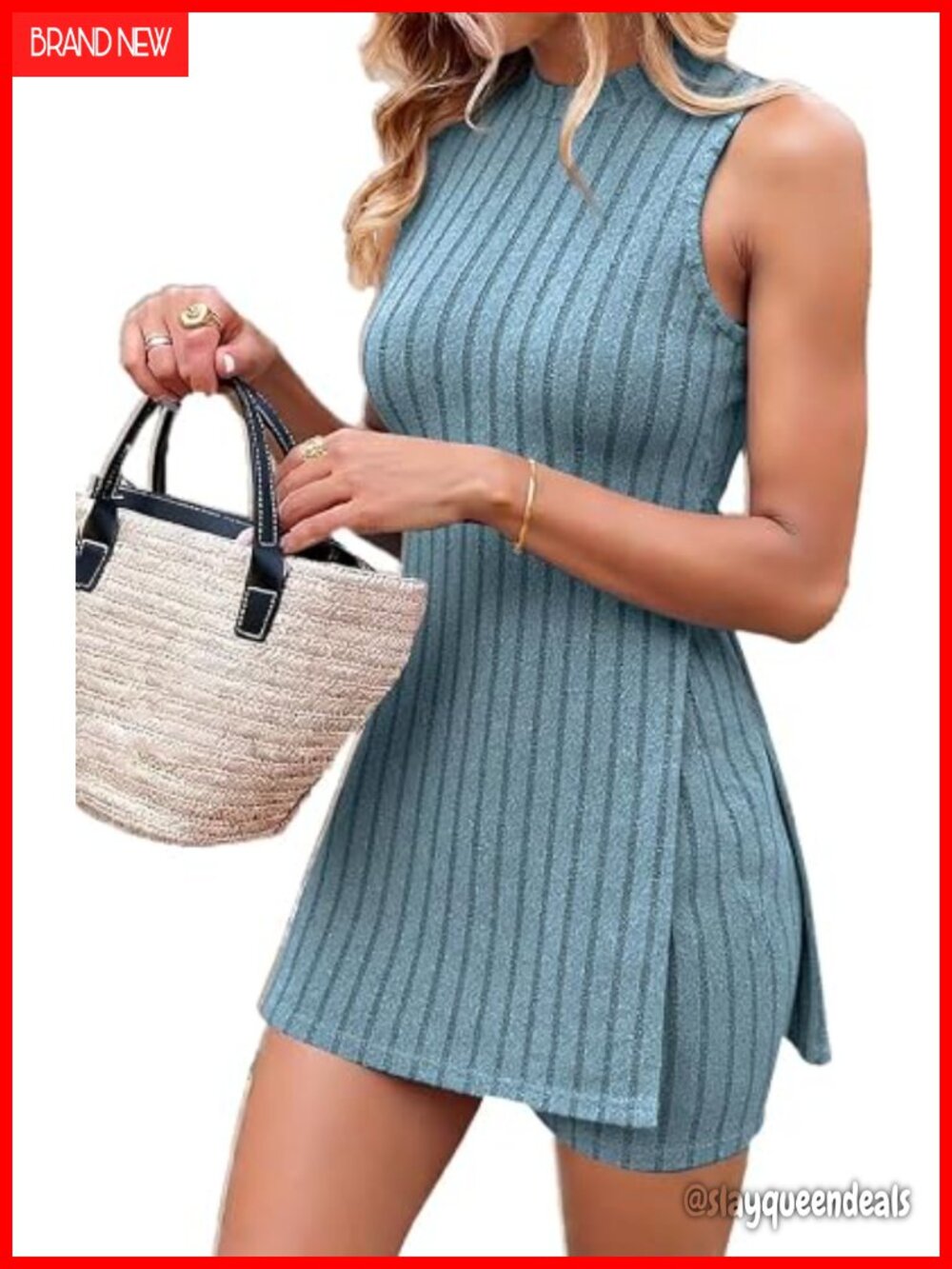Mock Neck Ribbed Knit 2 Piece Dress Set with Shorts Summer